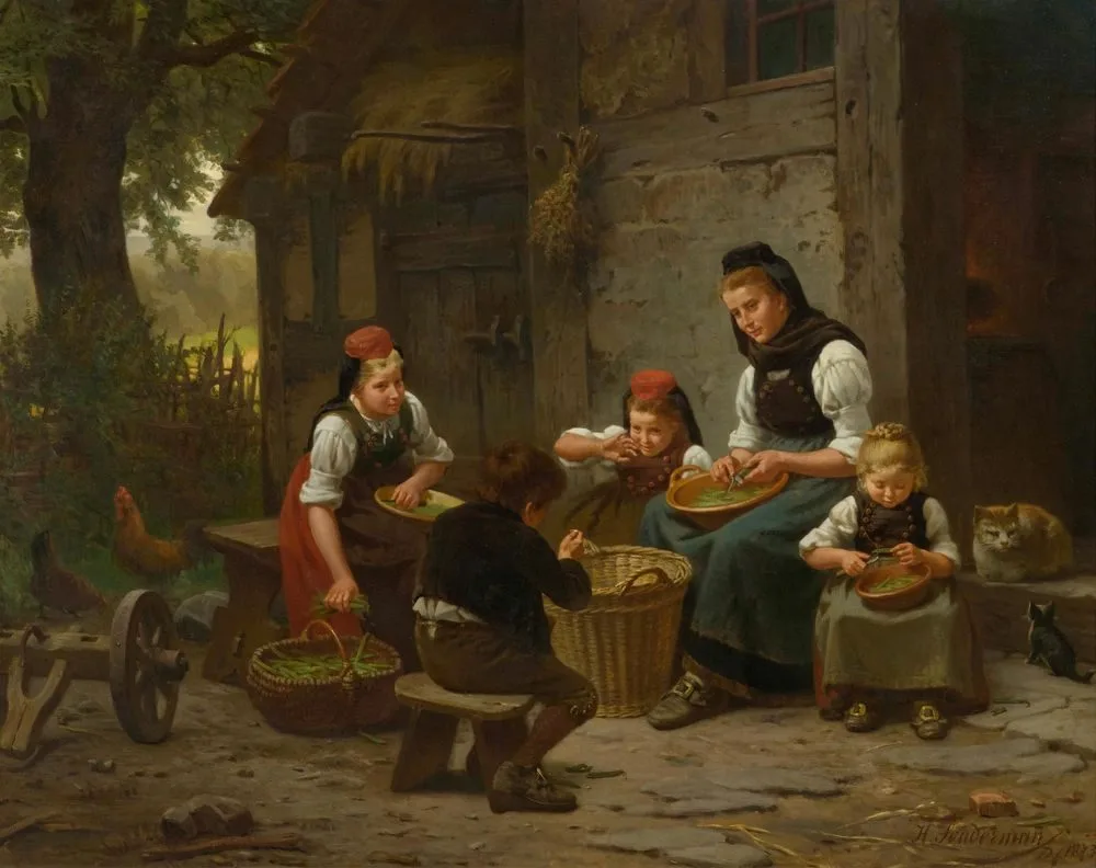 Mother and children in front of a house