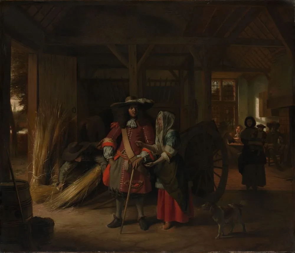 Officer paying a woman in a stable