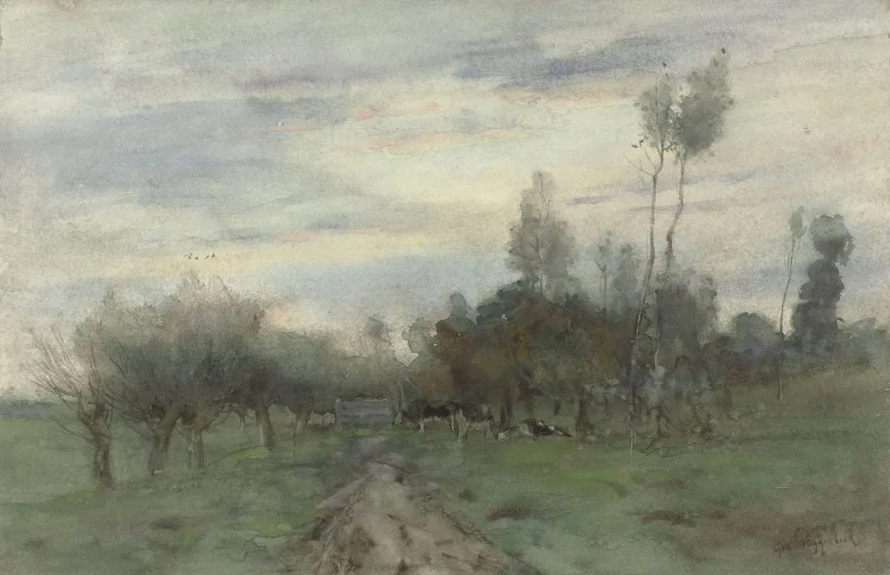 Route de campagne avec vaches au crépuscule, Geo Poggenbeek