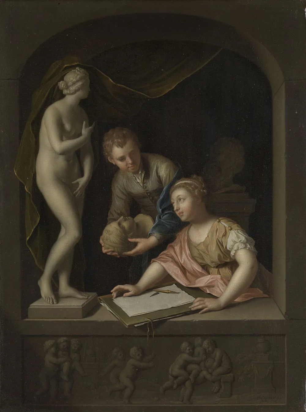 A Girl Drawing and a Boy near a Statue of Venus, Pieter van der Werff