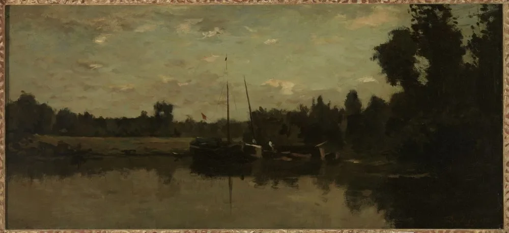 Landschap met schepen op een rivier in de avond., Charles-François Daubigny