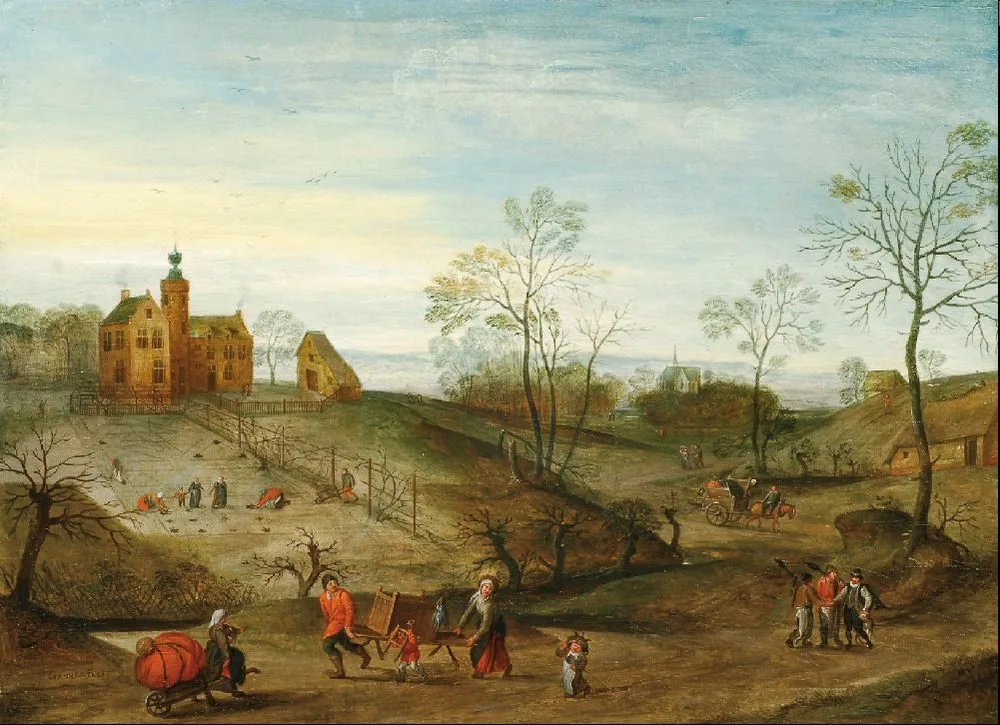 The preparations for winter in a panoramic landscape, Jacob Grimmer