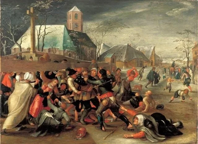 Peasants fighting a pilgrim., Marten van Cleve