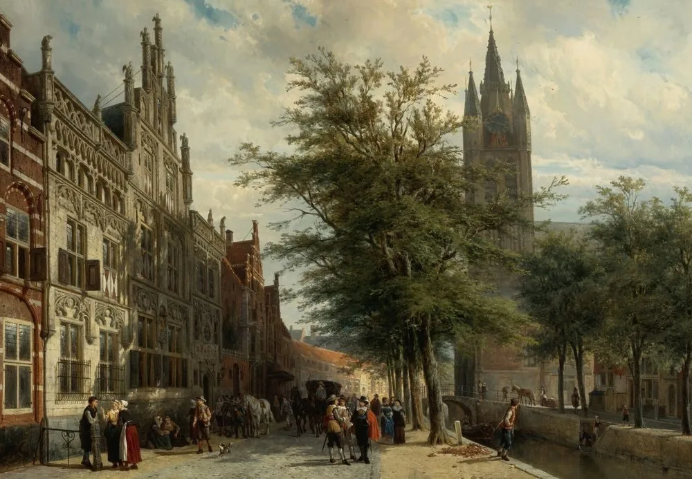 The Gemeenlandshuis and the Old Church, Delft, Summer., Cornelis Springer