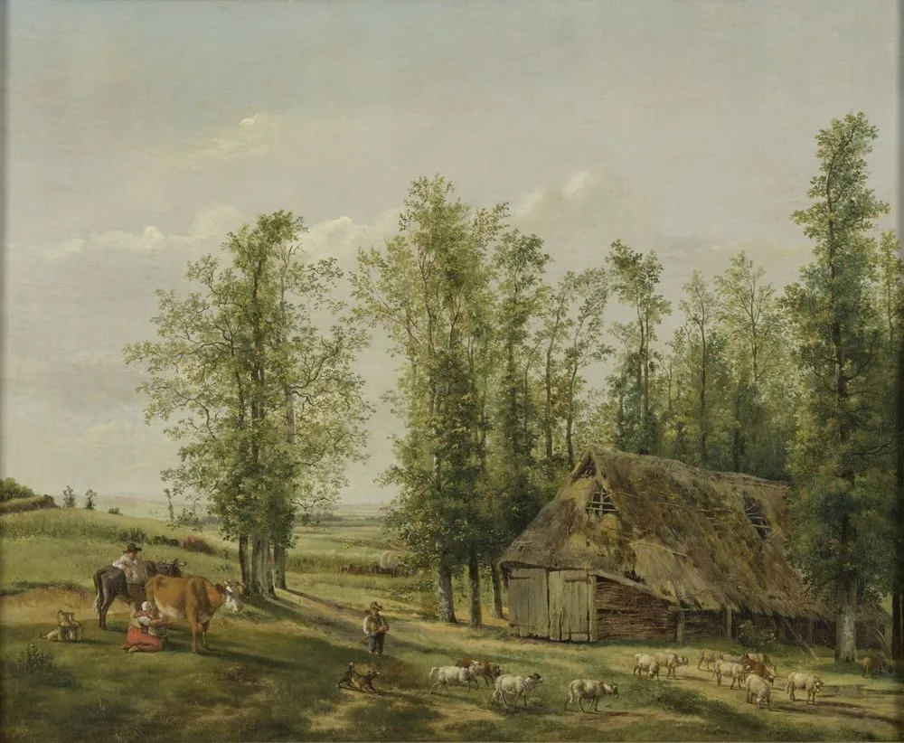 Landschap met een herder en zijn kudde bij een schaapskooi, Pieter Gerardus van Os