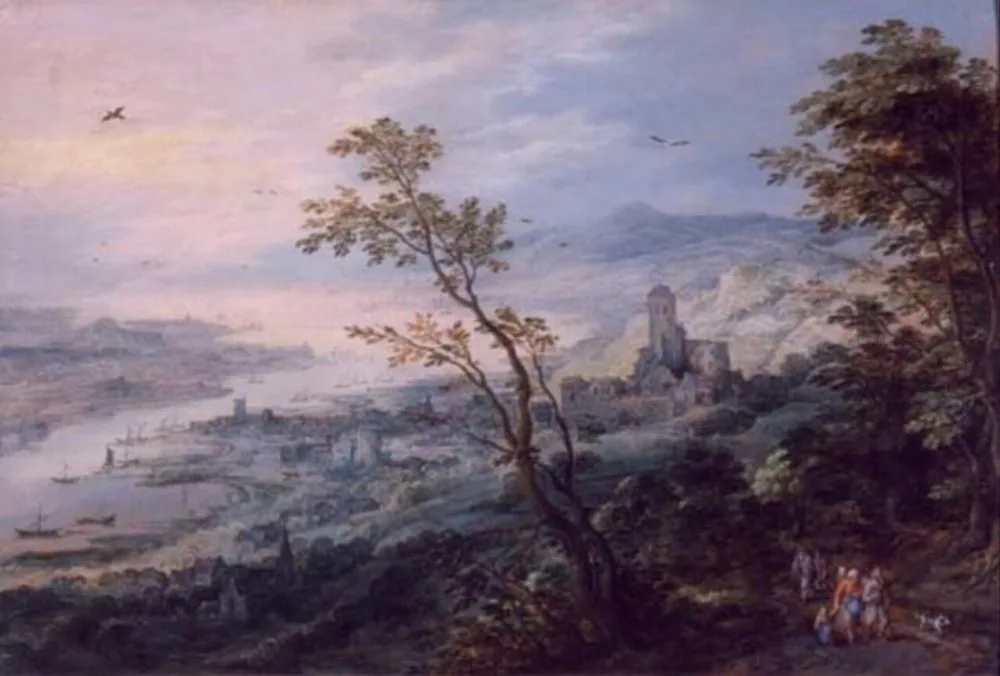 Panoramic landscape with a city on the waterfront, Jan Brueghel the Elder