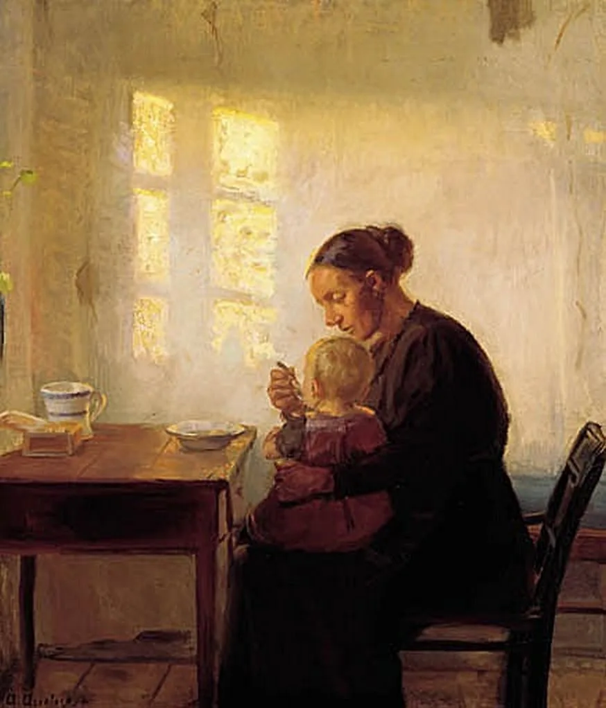 A mother with her child in a sunlit room., Anna Ancher