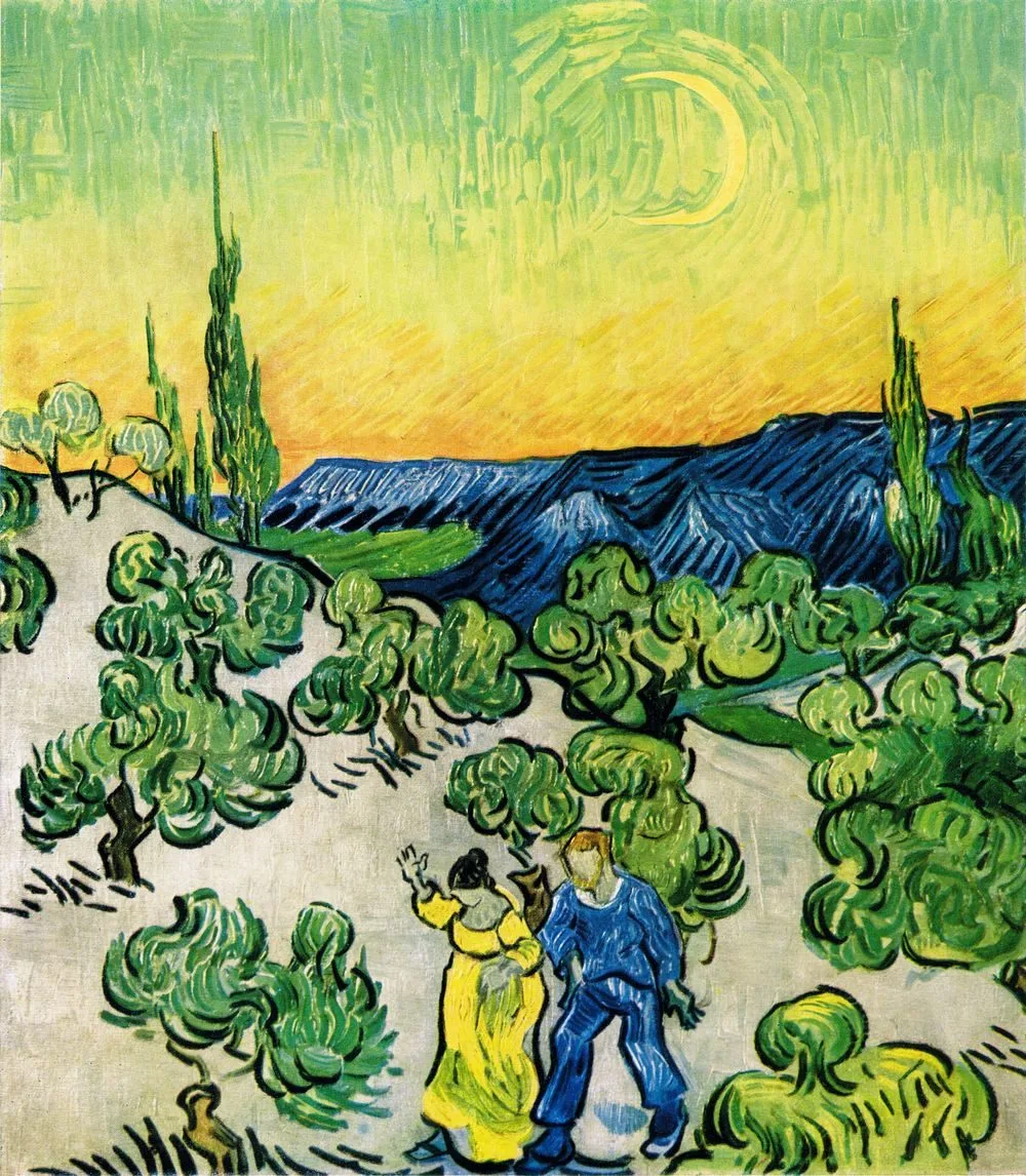 Landscape with Couple Walking and Crescent Moon, Vincent van Gogh