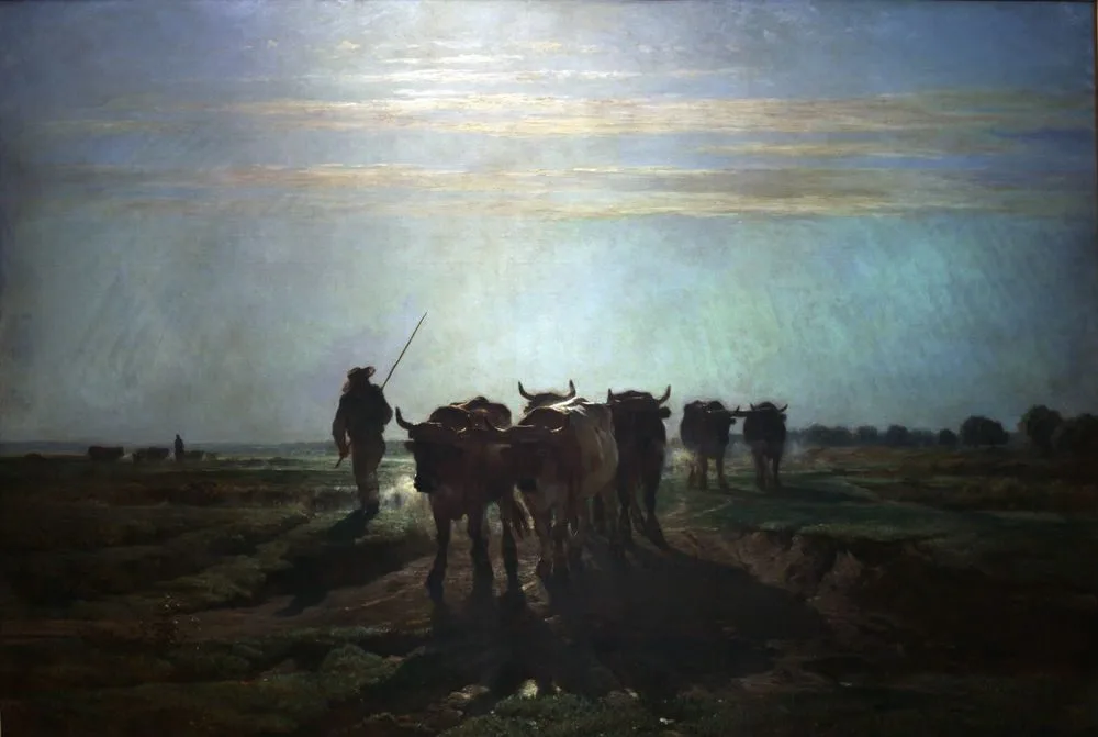 Oxes watching to tillage, morning sky, Constant Troyon