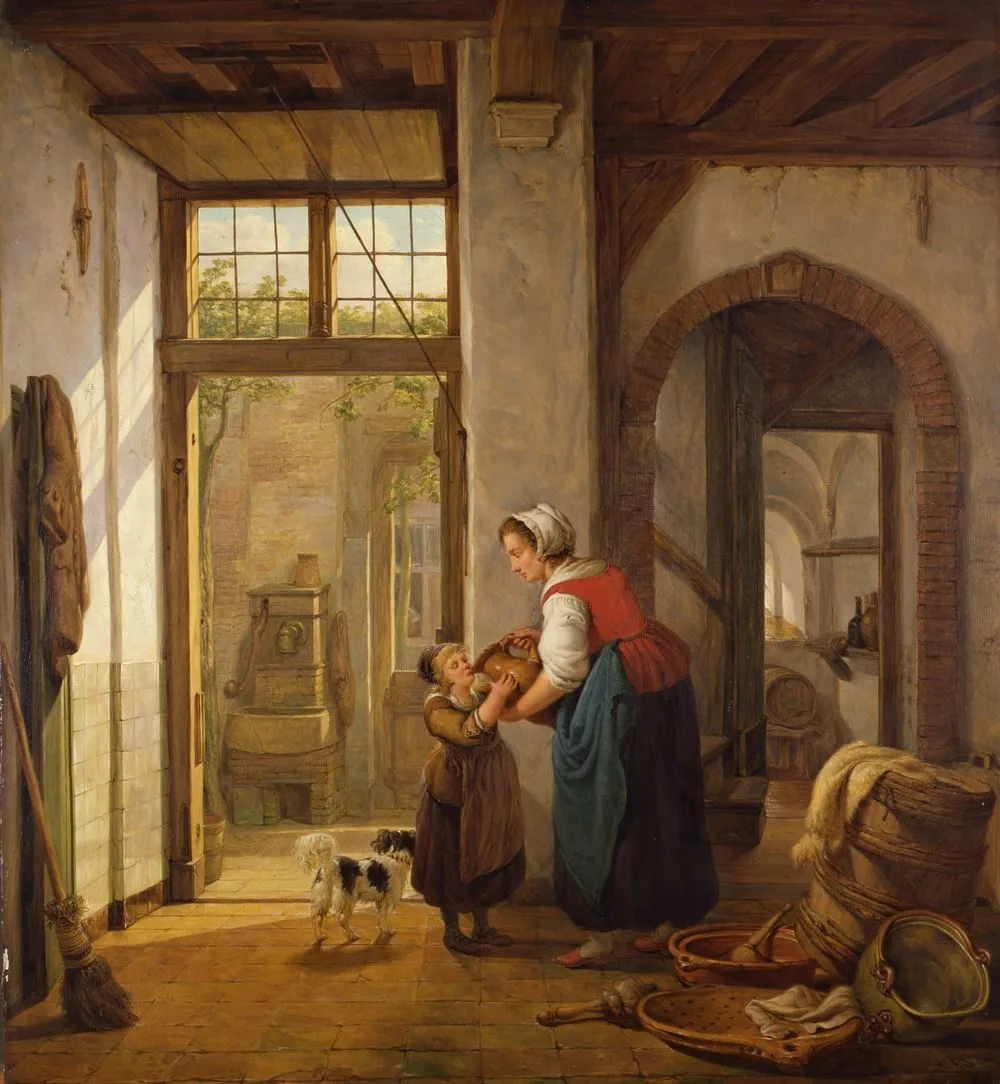 Binnenhuis met vrouw en kind, Abraham van Strij