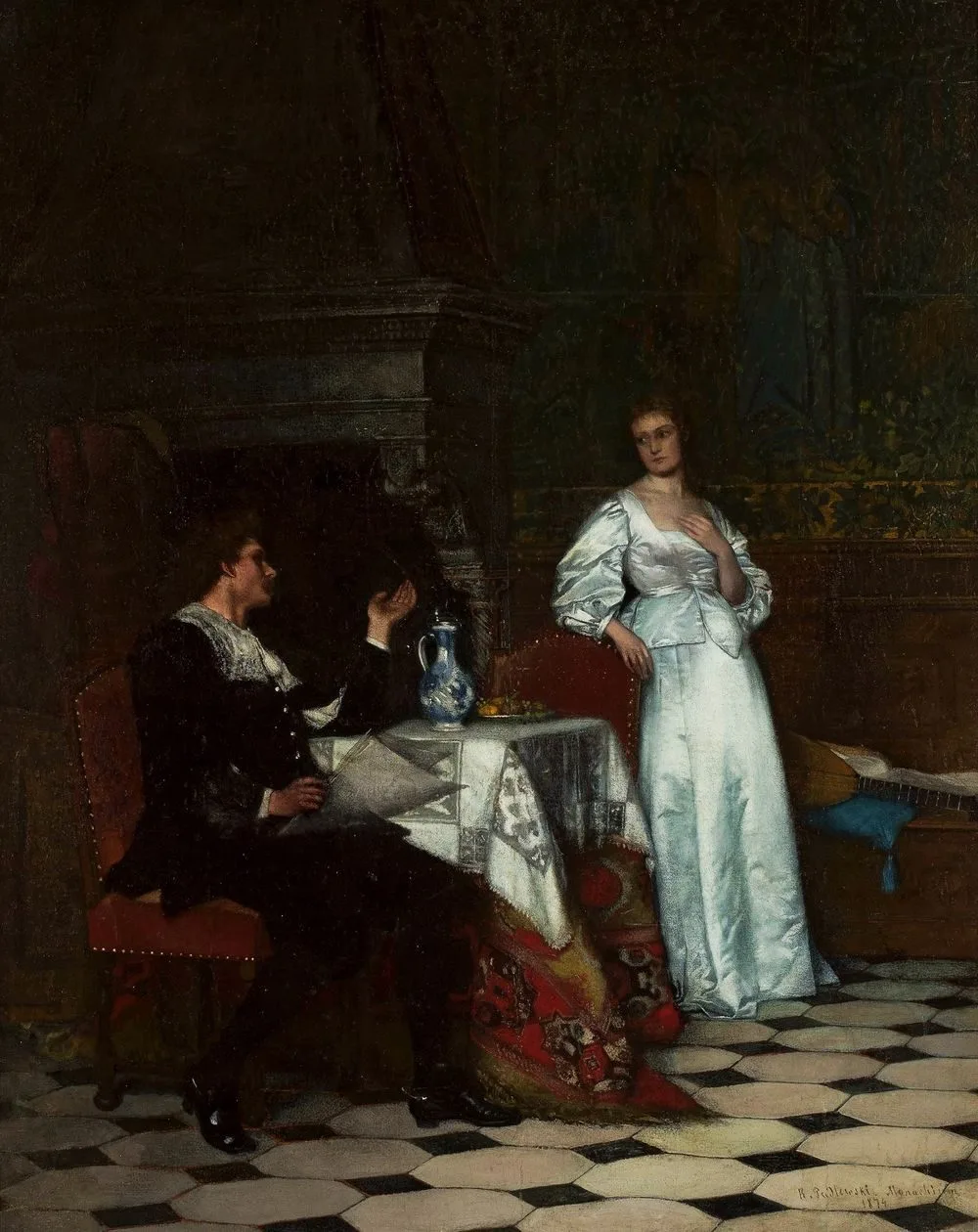 Conversation by the fireplace., Roman Padlewski