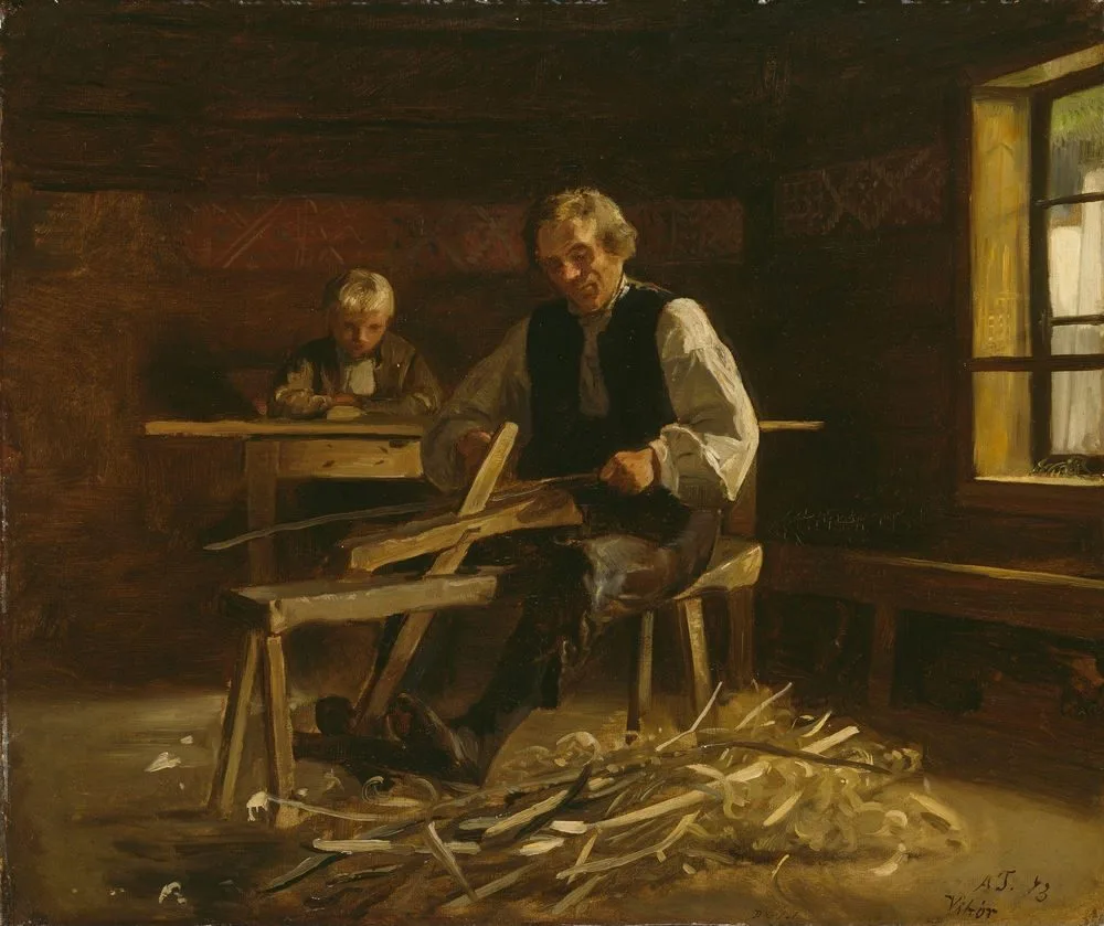Interior from Vikøy with Farmer making Barrel Hoops, Adolph Tidemand