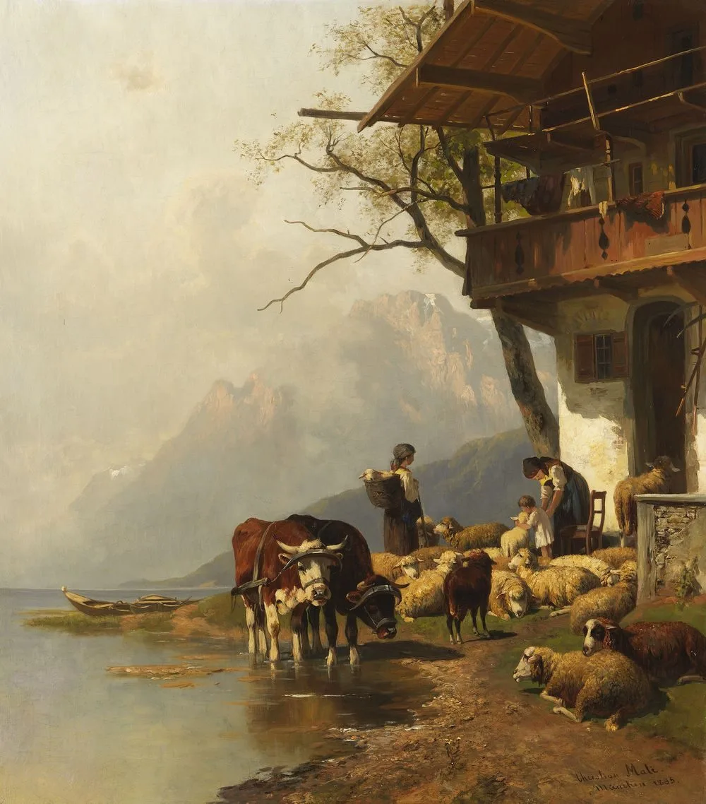 Resting flock of sheep in front of the house by the mountain lake, Christian Mali