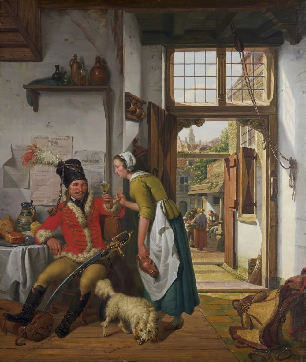 Interieur met soldaat en dienstmeid, Abraham van Strij