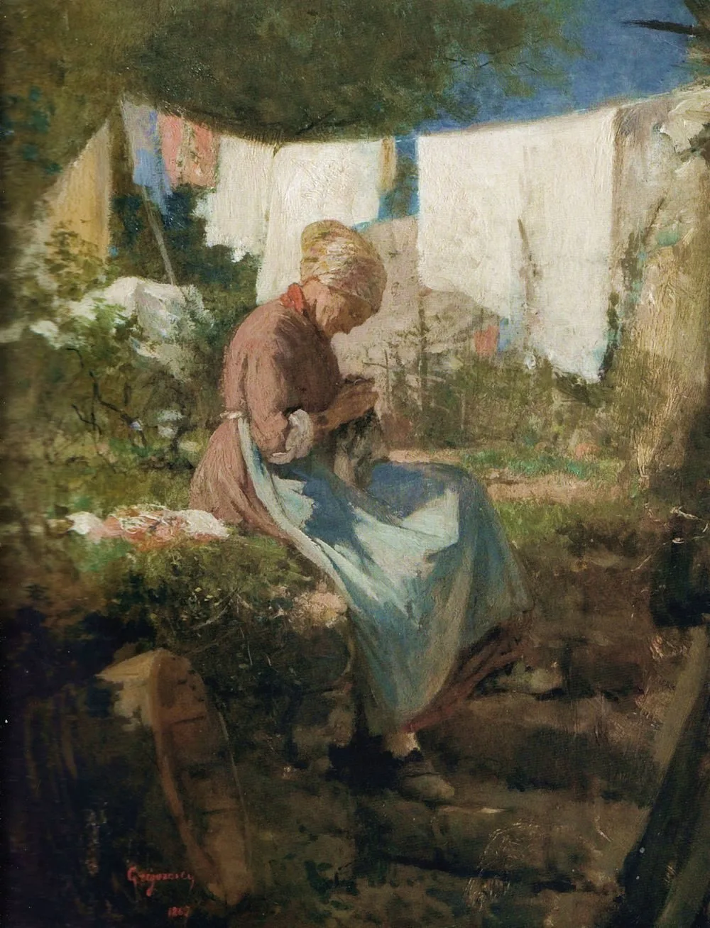 Bătrână cârpind, Nicolae Grigorescu