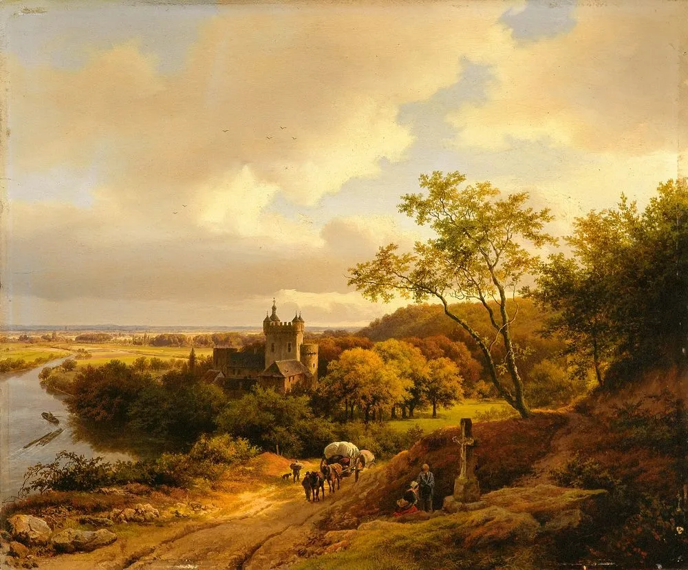 River view with a castle among trees, Barend Cornelis Koekkoek