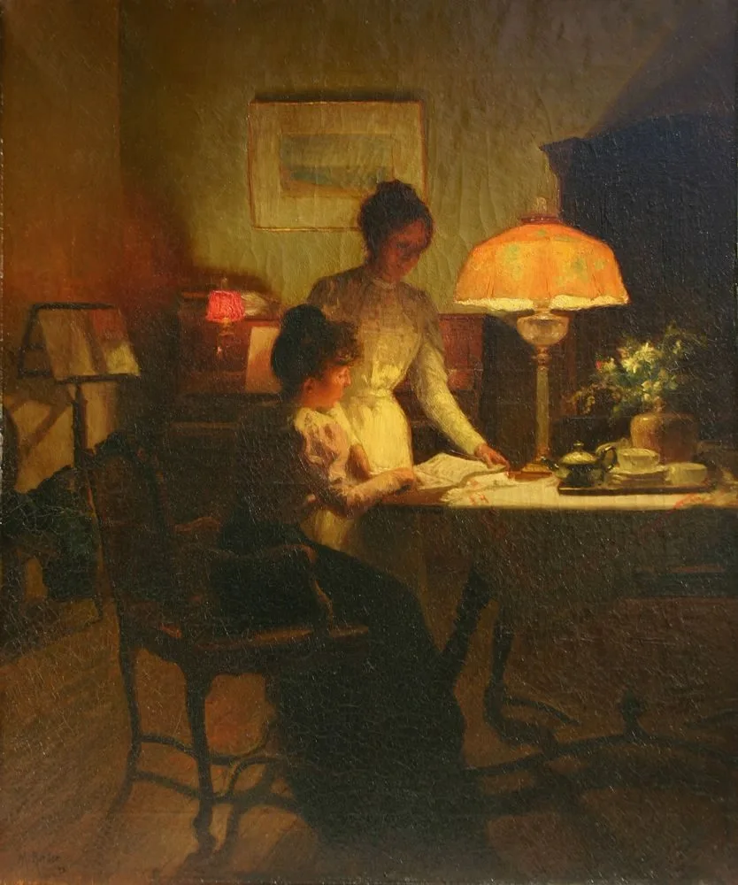 Study of Piano Score between Two Young Woman in the Glow of an Oil Lamp, Marcel Rieder