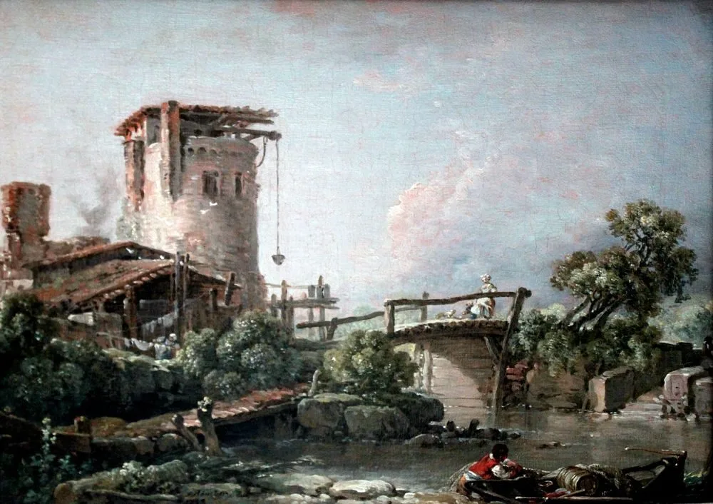 Landscape with Tower and Bridge, François Boucher