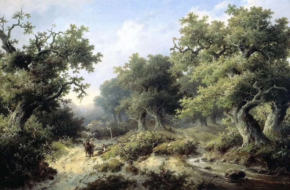 Wooded landscape with travellers