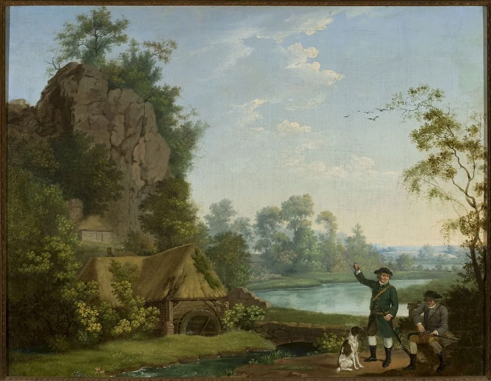 Two gentlemen going a shooting, with a view of Creswell Crags, George Stubbs