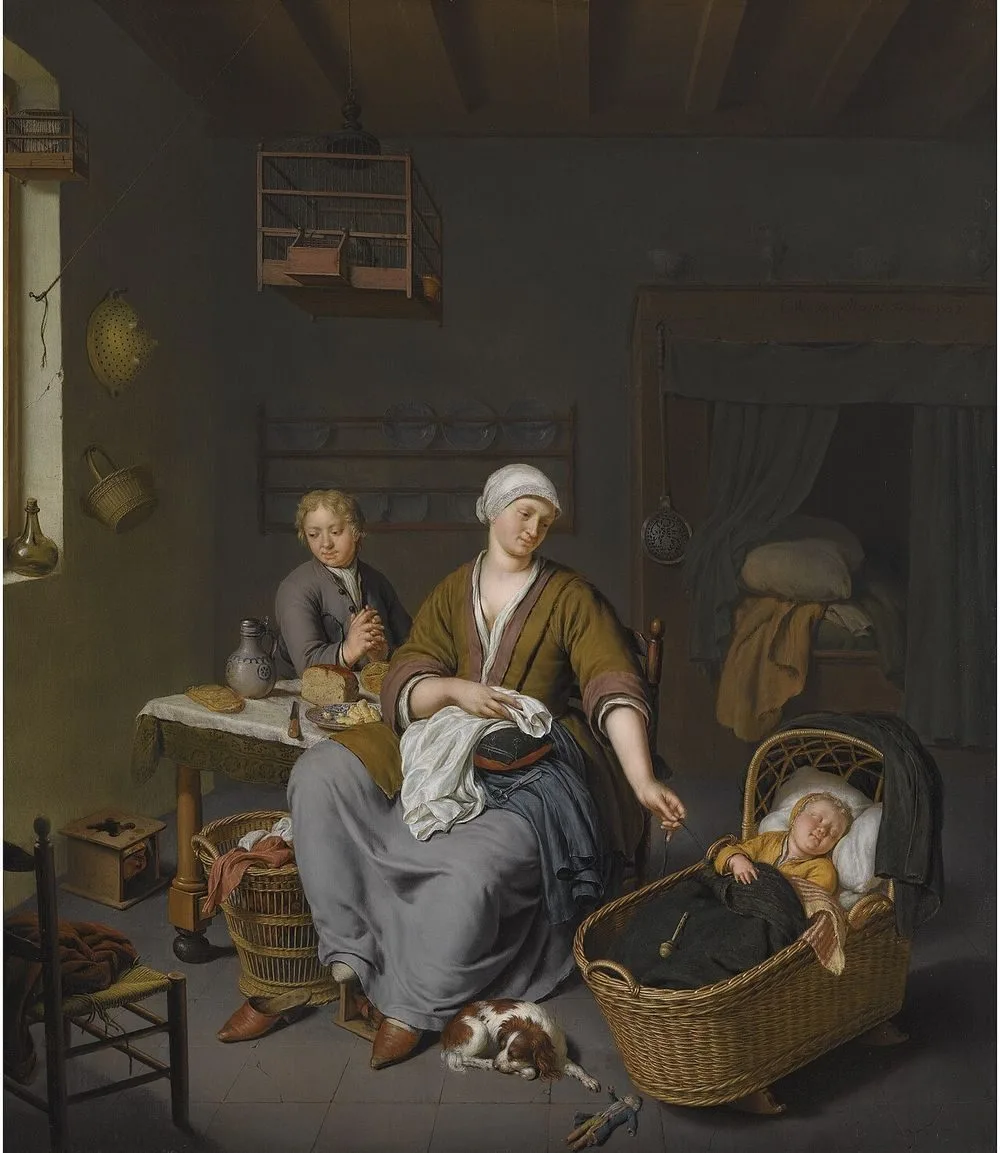 A young mother with two children in an interior, Willem van Mieris