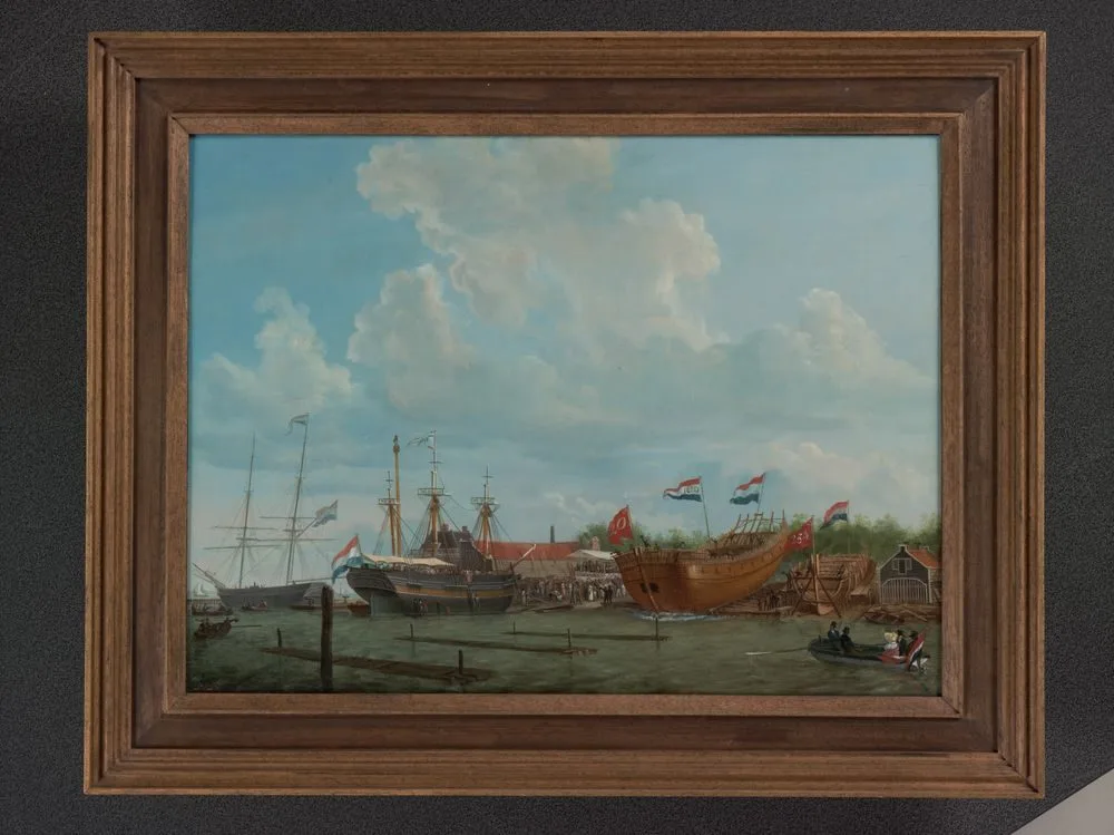 De tewaterlating van het fregatschip Olivier van Noort op de werf Hollandia te Amsterdam