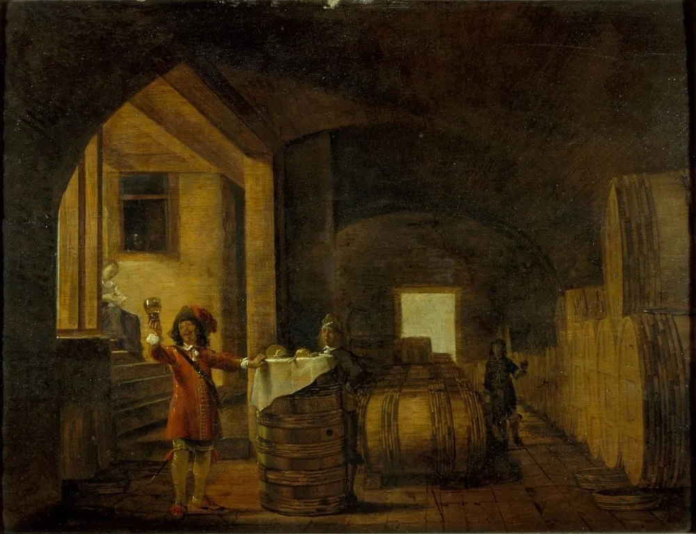 Interior of a winecellar, with a man inspecting a glass of wine