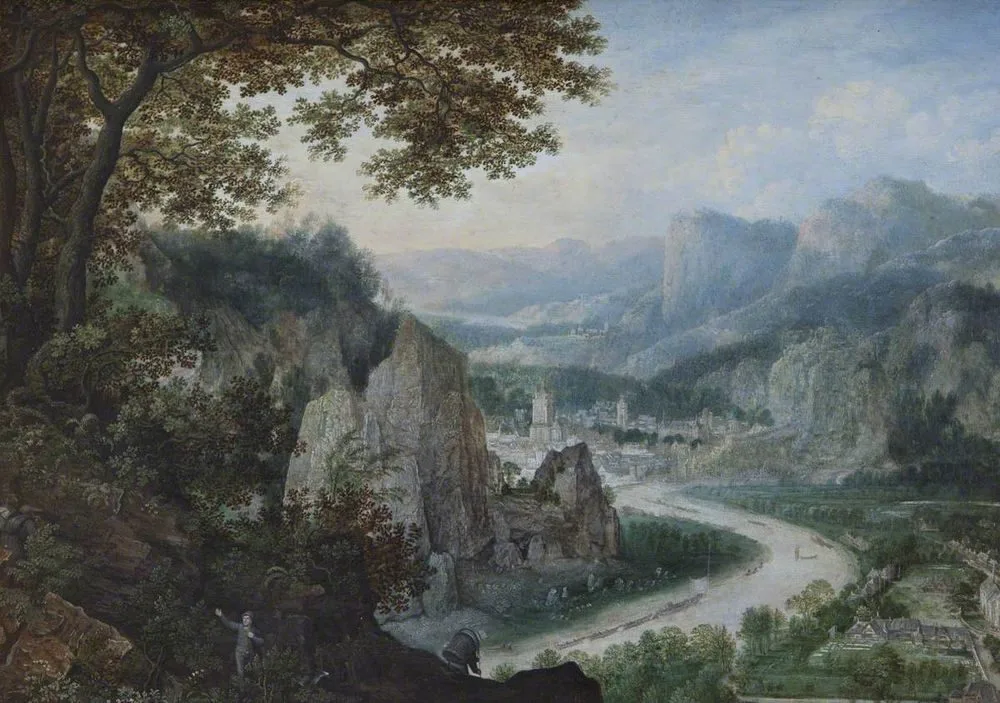 A View on the Meuse with Miners, Lucas van Valckenborch
