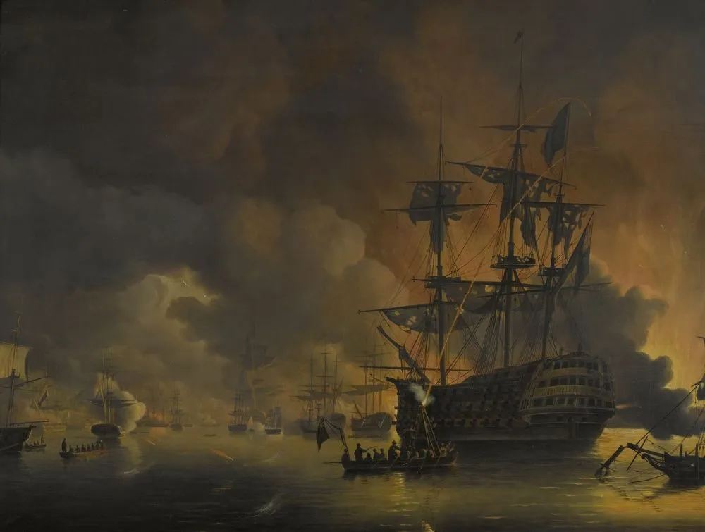 The fire on the Wharves of Algiers, shortly after the commencement of the Bombardment by the Anglo-Dutch Fleet, 27 August 1816, Nicolaas Baur