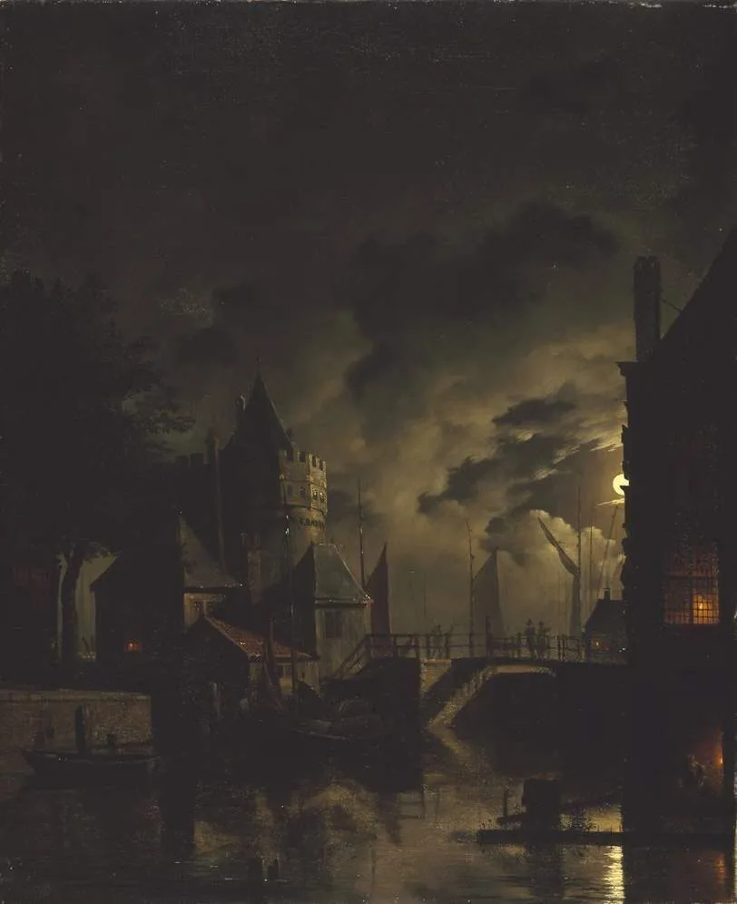 The Schreierstoren in Amsterdam by moonlight, Hendrik Gerrit ten Cate