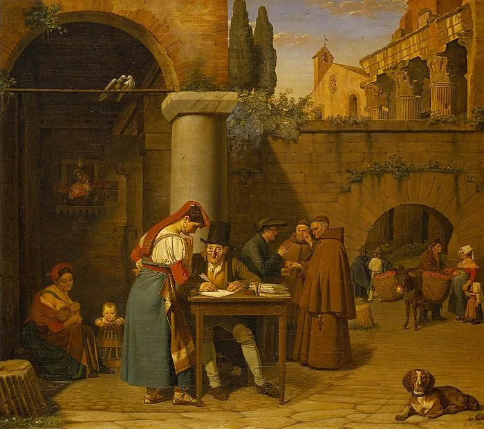 A Roman street letter-writer writing a letter for a young girl, Ernst Meyer