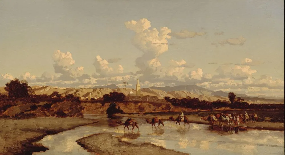 In een oosters landschap trekt een karavaan door een rivier, Prosper Marilhat