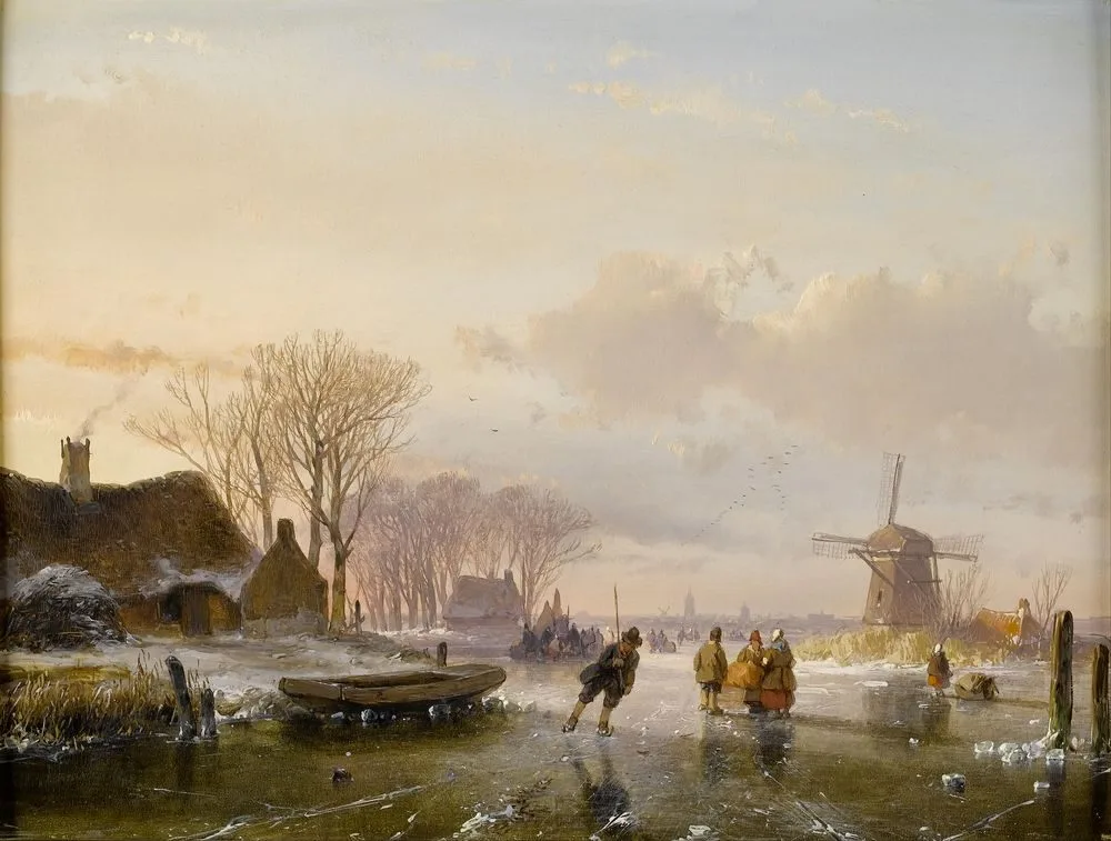 Skaters and figures on a frozen river, Haarlem in the distance, Andreas Schelfhout