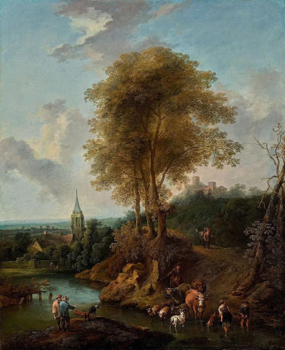 Landscape with a fordable place in a brook with peasants and cattle, Christian Hilfgott Brand