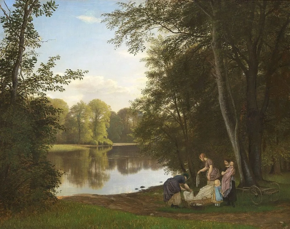 Quiet summer evening at a lake in the forest. Young women are washing clothes in Bondedammen in Hellebaek, P. C. Skovgaard