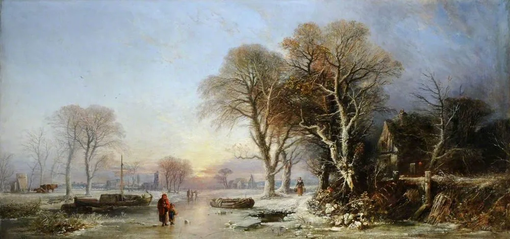 A Winter Landscape at Sunset with Figures on a Frozen River, William James Müller