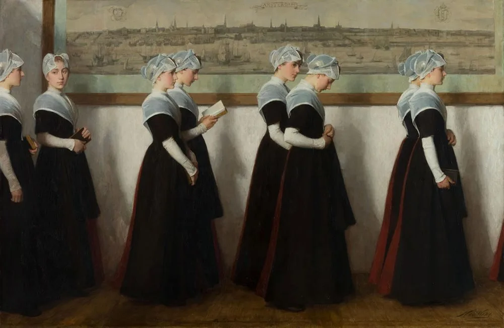Amsterdamse weesmeisjes in een gang voor een stadsprofiel van Amsterdam, Nicolaas van der Waay
