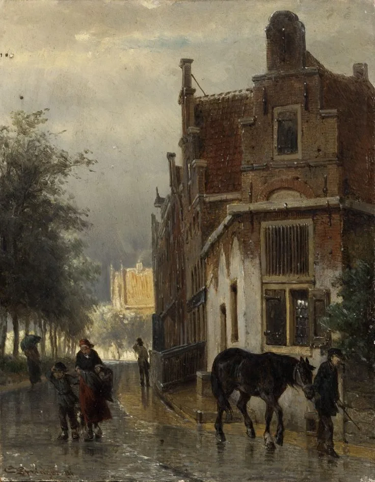 Gezicht aan de haven te Enkhuizen bij regen, Cornelis Springer