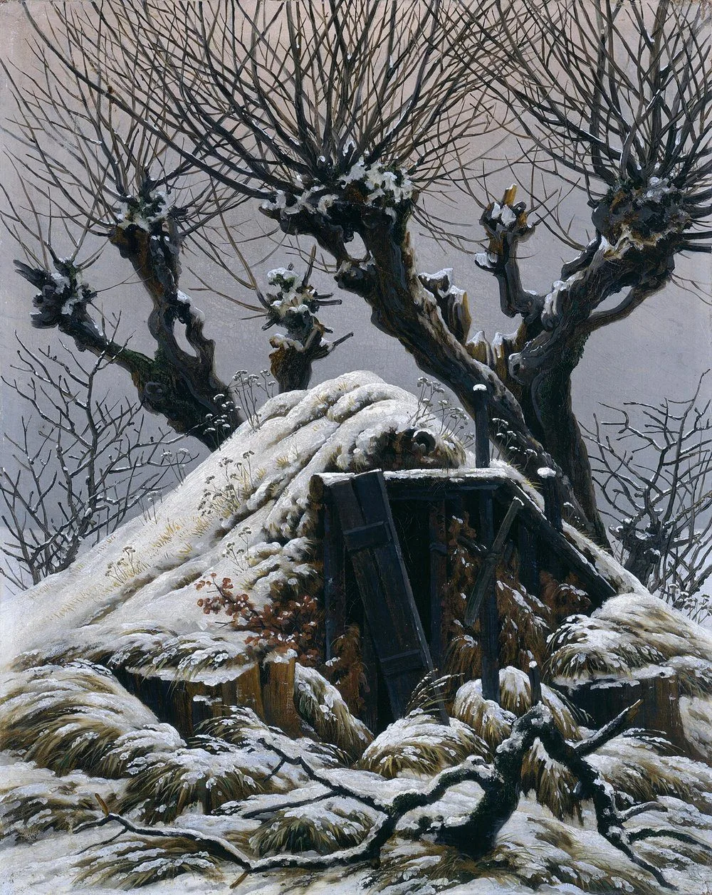 Snowy cottage, Caspar David Friedrich