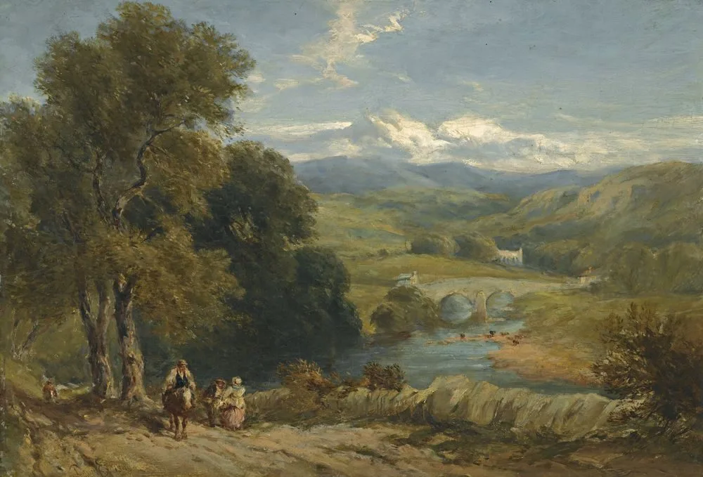 Landscape with a distant view of Bolton Abbey, Yorkshire, and the river Wharfe, David Cox