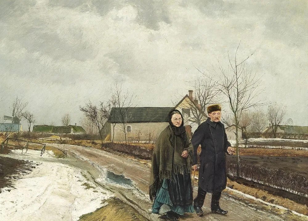 Vejen gjennem Landsbyen. Naar Sneen smelter. Tunge, graa Skyer. Paa Vejen spadserer en Mand i Vinterfrakke og Skindhue sammen med en Kone med graat Shawl og stribet, sort Hovedtørklæde 1907