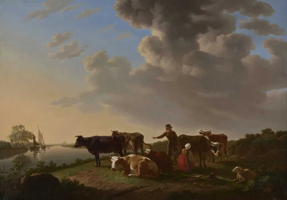 Landschap met koeien aan de bocht van een rivier