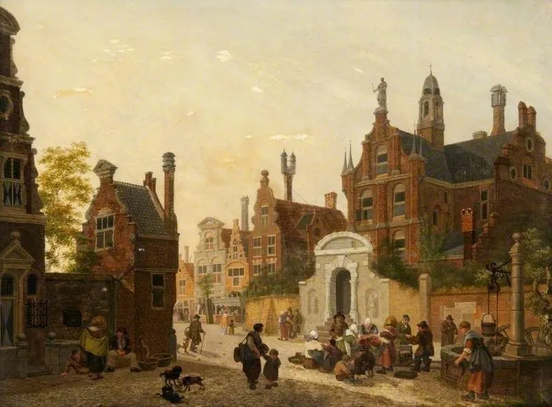 An Imaginary Dutch Street, with Figures by a Well, Jan Hendrik Verheijen