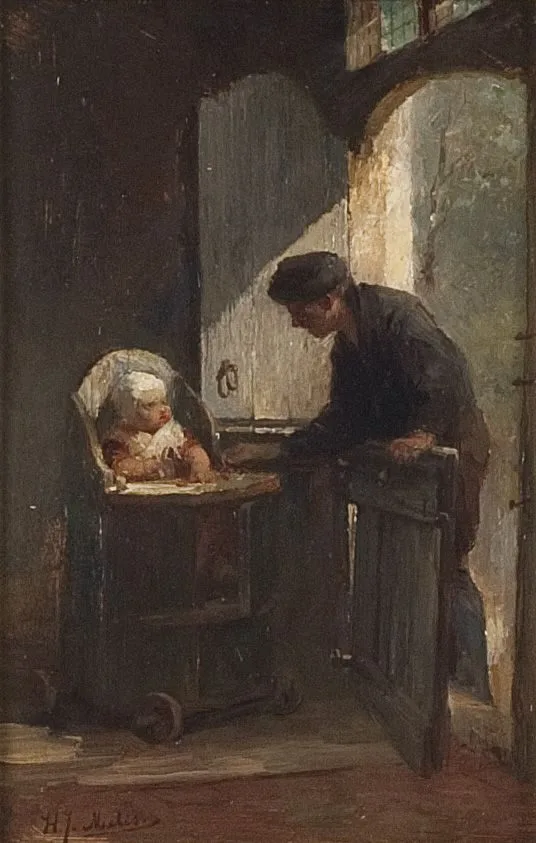 Interieur met man en een kind in een kinderstoel