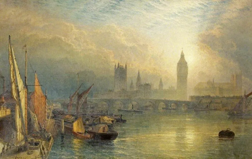 The New Houses of Parliament and the Thames (Sunset on the Thames near Westminster with the New Houses of Parliament), Henry Dawson