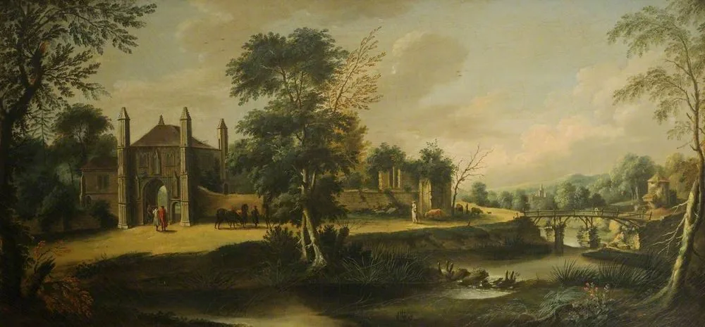 A Gothic Gateway by a River, Johann Heinrich Müntz