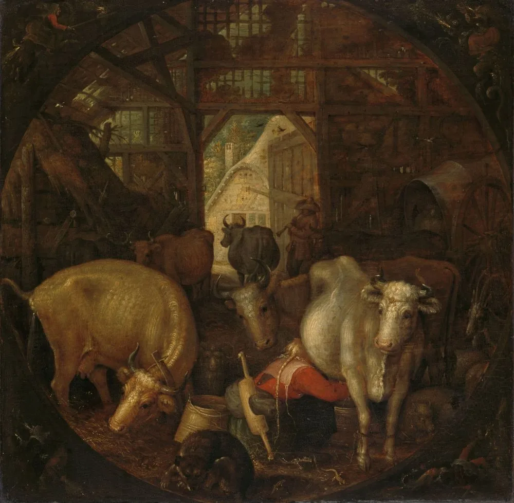 Cows in a stable; witches in the four corners, Roelant Savery