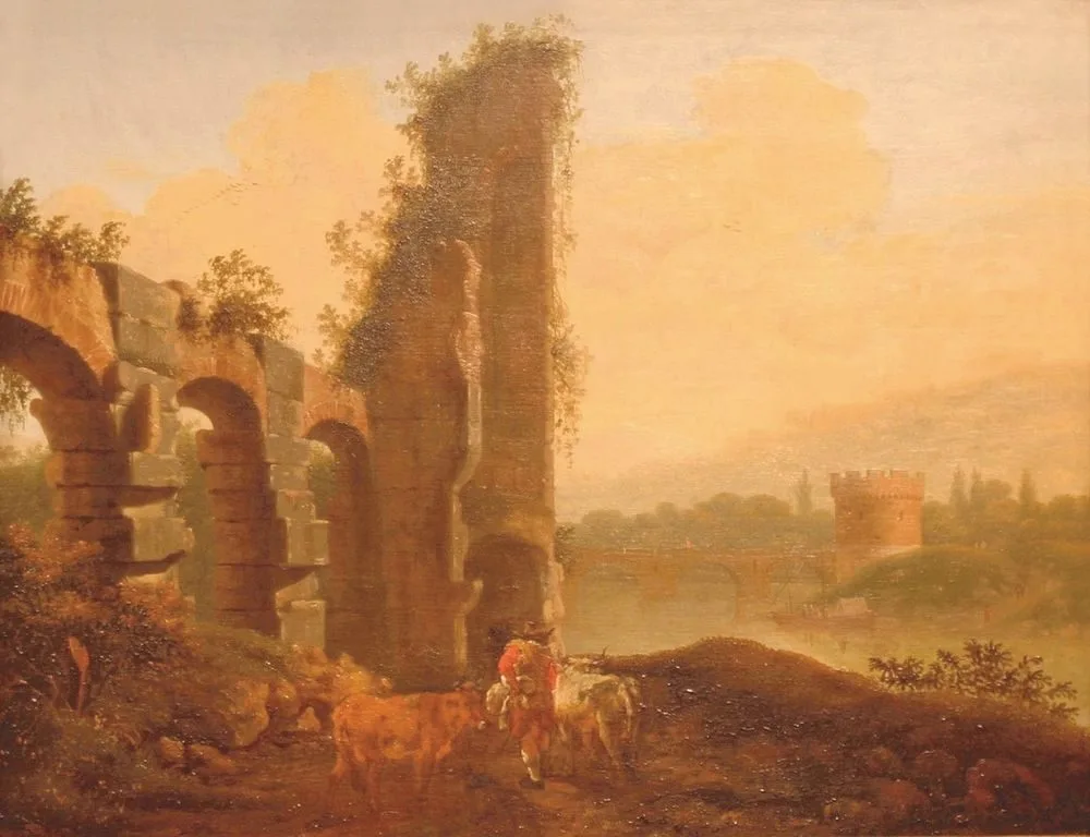 Rivierlandschap met ruïne, Josua de Grave