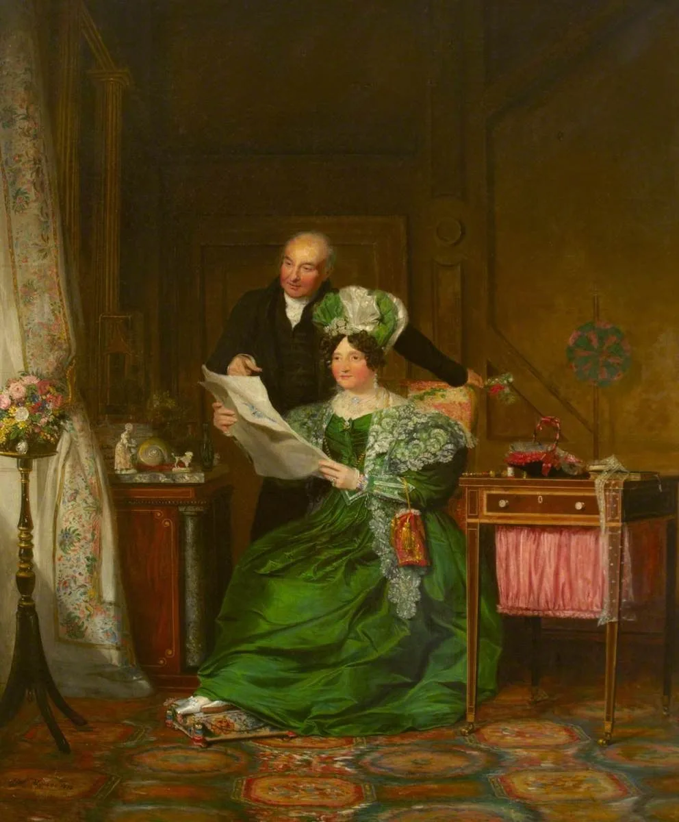 A Lady and a Gentleman admiring Drawings of Flowers in an Interior, Alexander Mosses