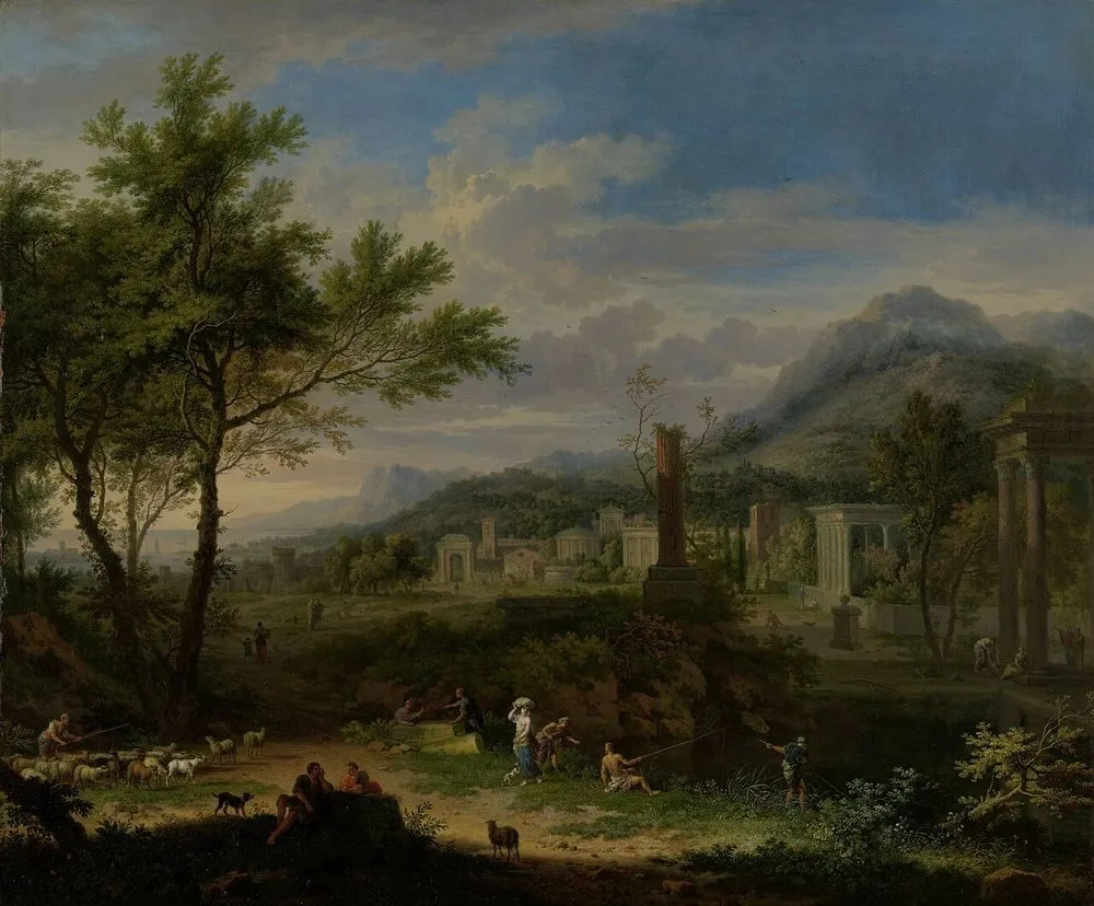 Arcadian Landscape with Fishermen, Jan van Huysum